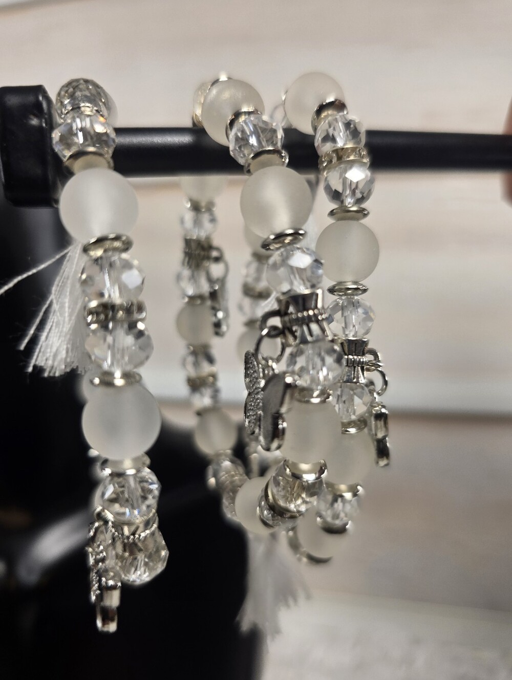Set of 3Crystal & Frosted White Beaded Charm Bracelet Set